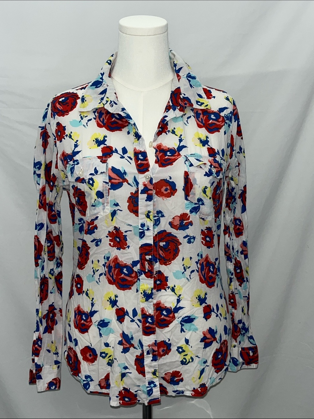 Old Navy White Button-Down Shirt with Red Floral Print
